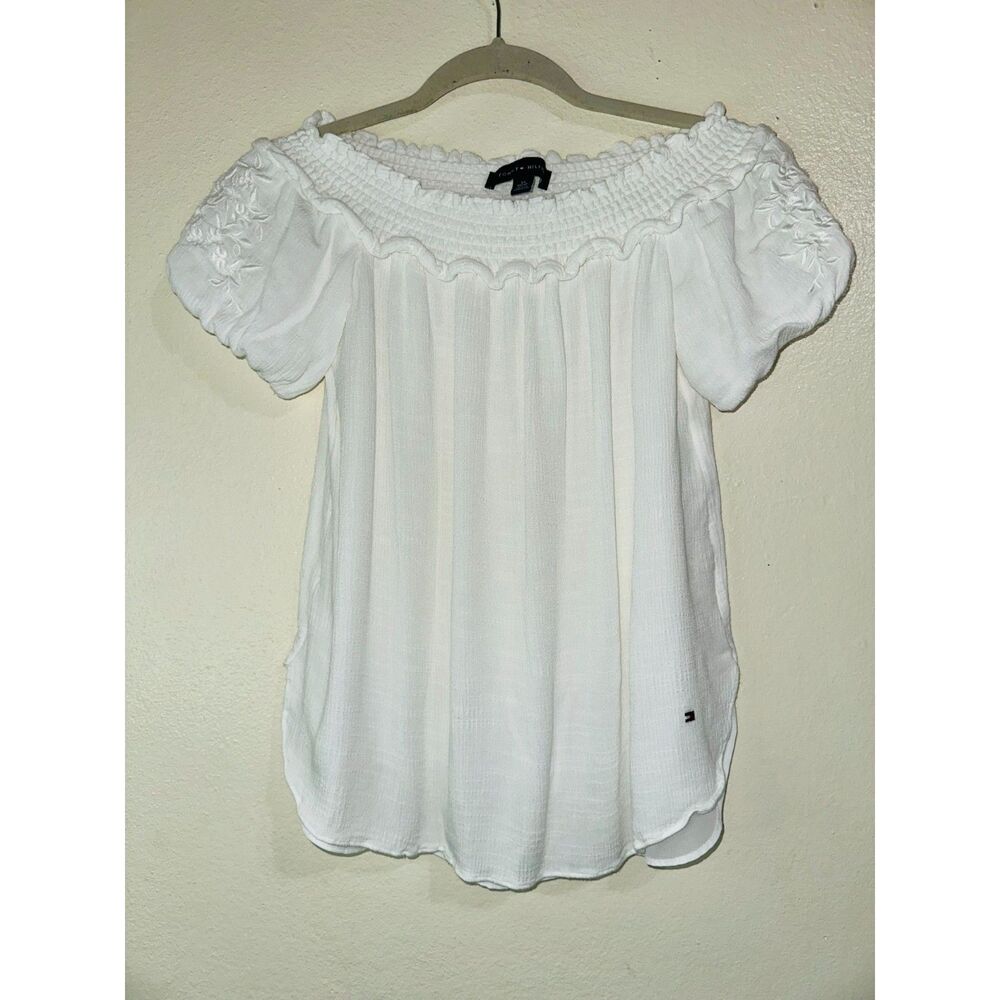 Tommy Hilfiger Women's Off The Shoulder Peasant Blouse Embroidered Sleeves SZ XS